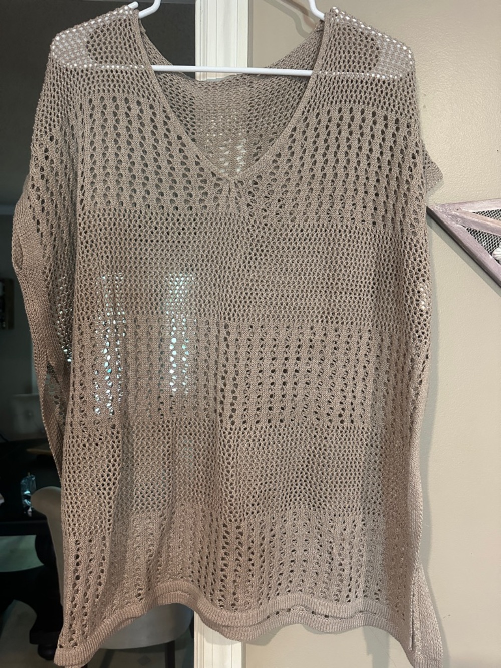 Open-Knit V-Neck Sweater - Taupe